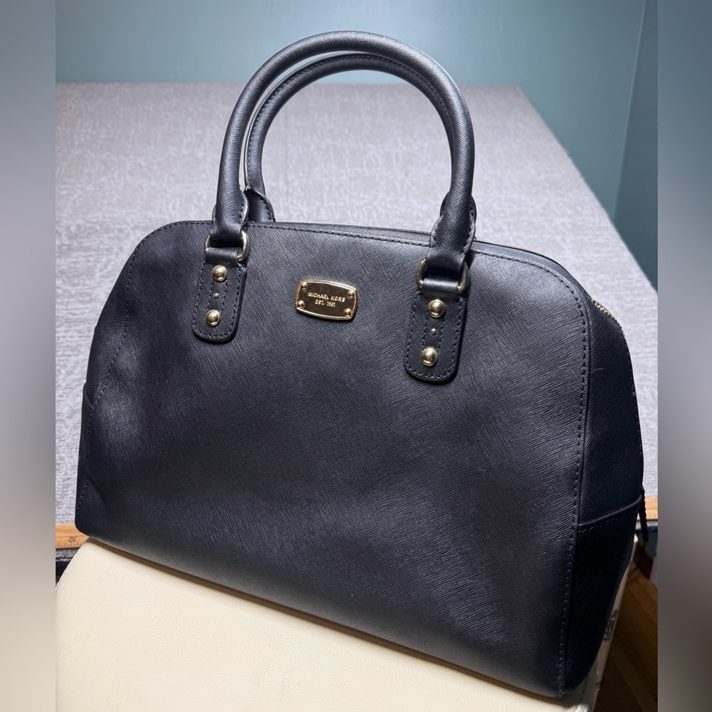 Michael Kors Black Cross Grain Domed Handle Zipper Sachel Bag